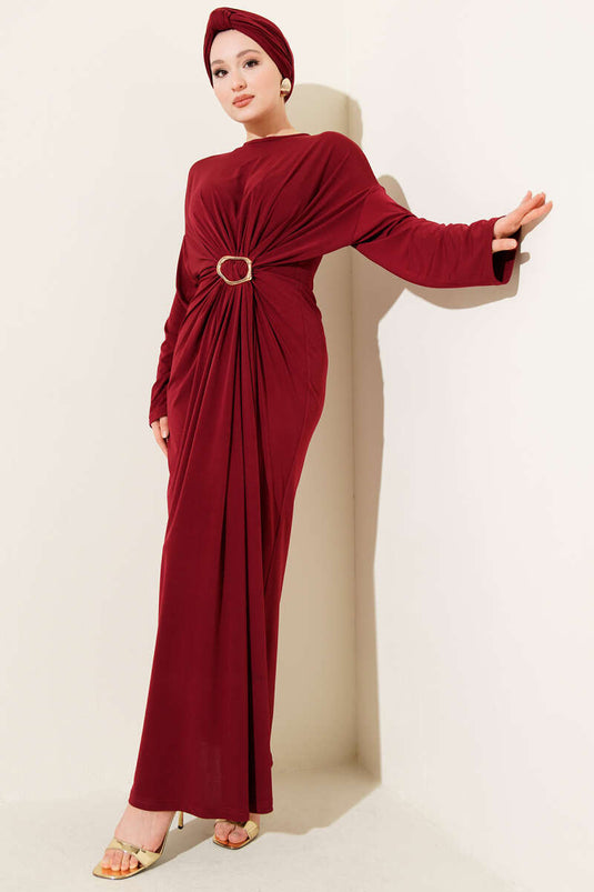 Metal Tokalı Büzgülü Sandy Elbise Bordo