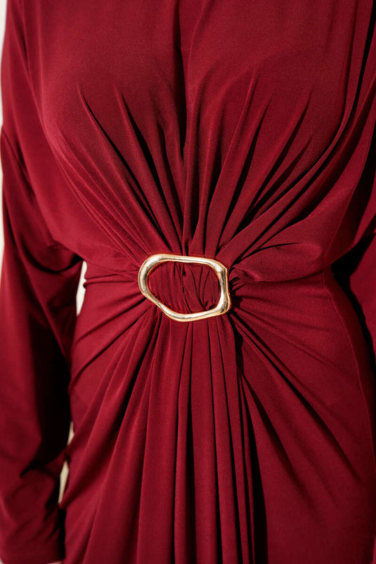 Metal Tokalı Büzgülü Sandy Elbise Bordo