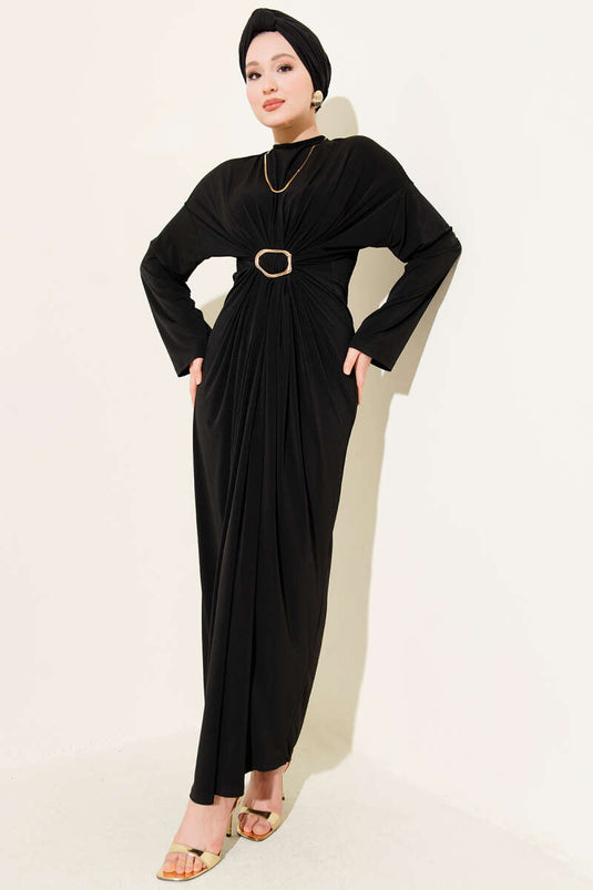 Robe Sandy noire à cordon froncé avec boucle en métal