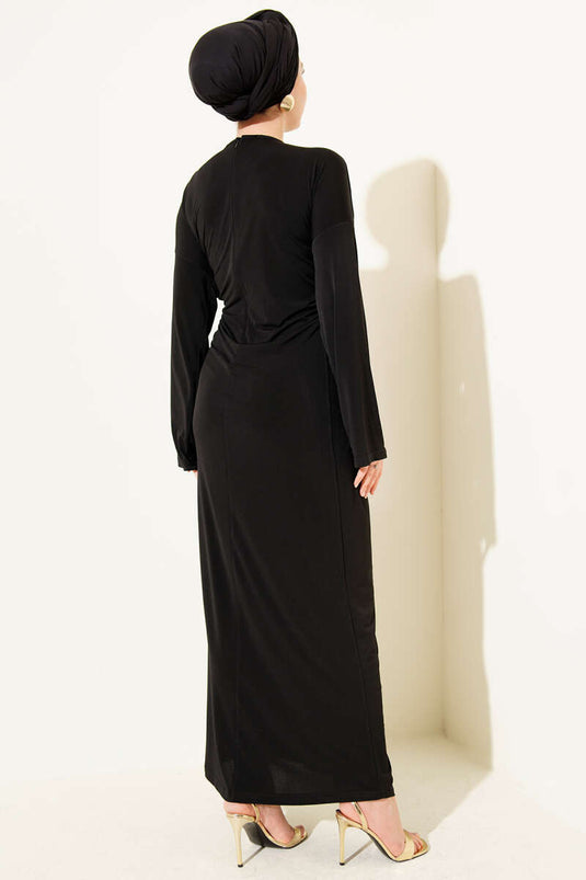 Robe Sandy noire à cordon froncé avec boucle en métal