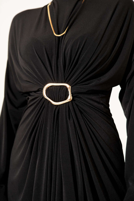 Robe Sandy noire à cordon froncé avec boucle en métal