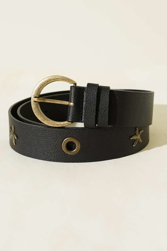 Ceinture Noire À Boucle Métallique Et Motif Étoile De Mer