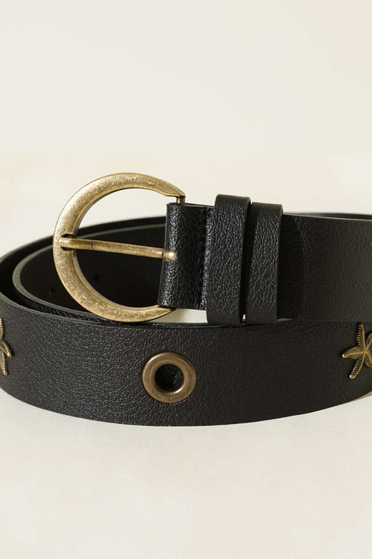 Ceinture Noire À Boucle Métallique Et Motif Étoile De Mer