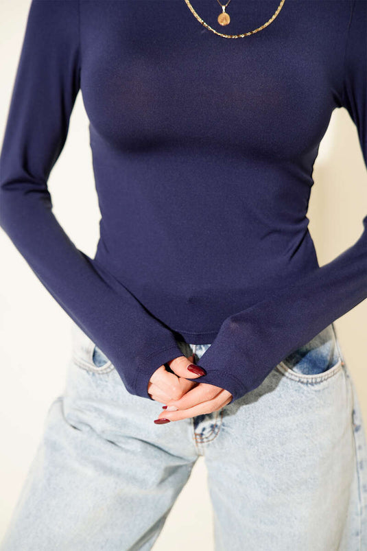 Micro Long-Sleeved Blouse Navy Blue
