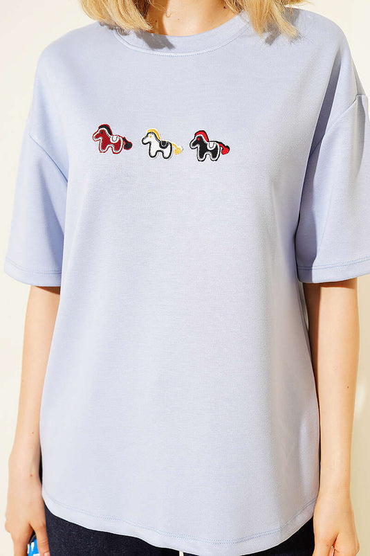 Midilli besticktes Modal-T-Shirt Blau