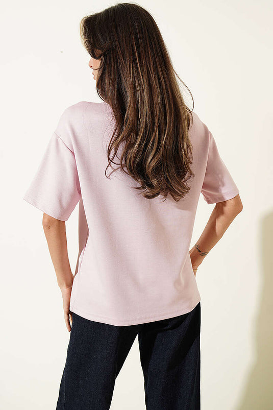 Midilli Nakışlı Modal T-shirt Pembe