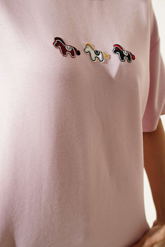 Midilli Nakışlı Modal T-shirt Pembe