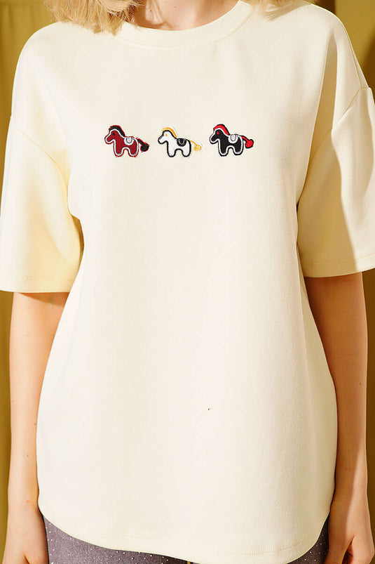 Midilli besticktes Modal-T-Shirt Gelb