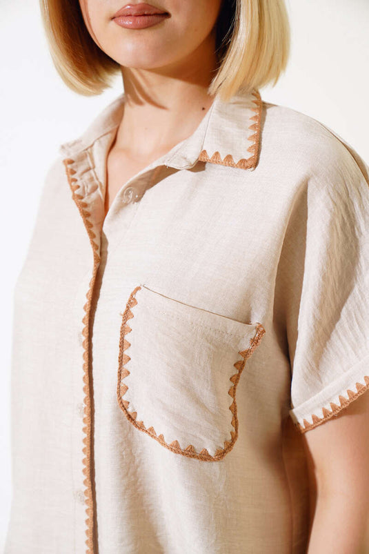 Mussel Stitched Short Sleeve Shirt Beige