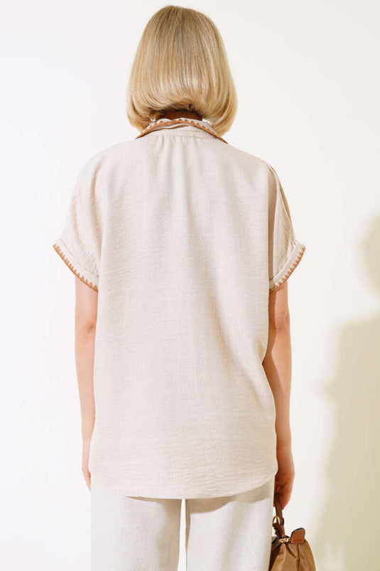 Mussel Stitched Short Sleeve Shirt Beige