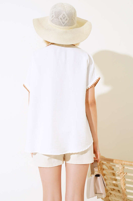 Mussel Stitched Short Sleeve Shirt Ecru