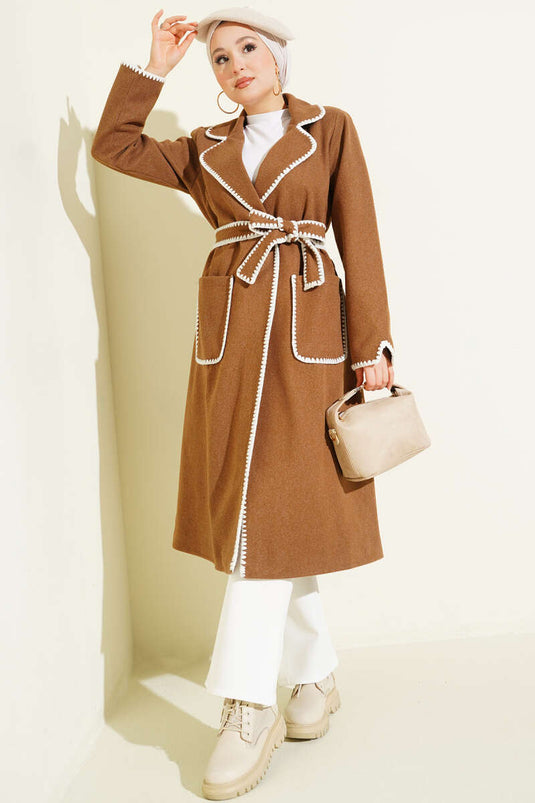 Midye Dikişli Kuşaklı Kaşe Kaban Camel