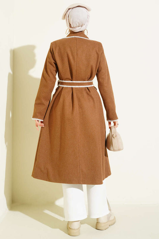 Midye Dikişli Kuşaklı Kaşe Kaban Camel