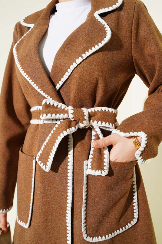 Midye Dikişli Kuşaklı Kaşe Kaban Camel