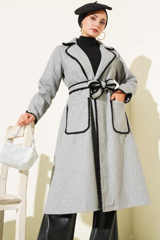 Gray Cashmere Coat with Seashell Stitch and Belt