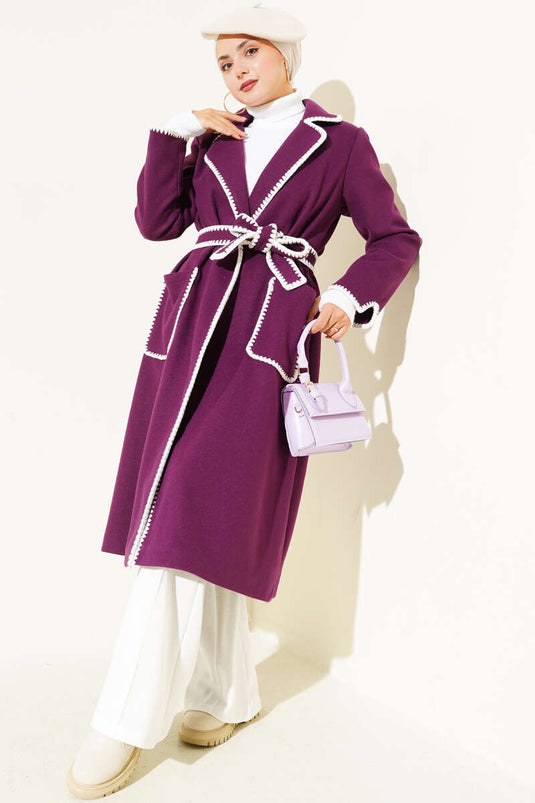 Seashell Stitch Belted Cashmere Coat, Plum