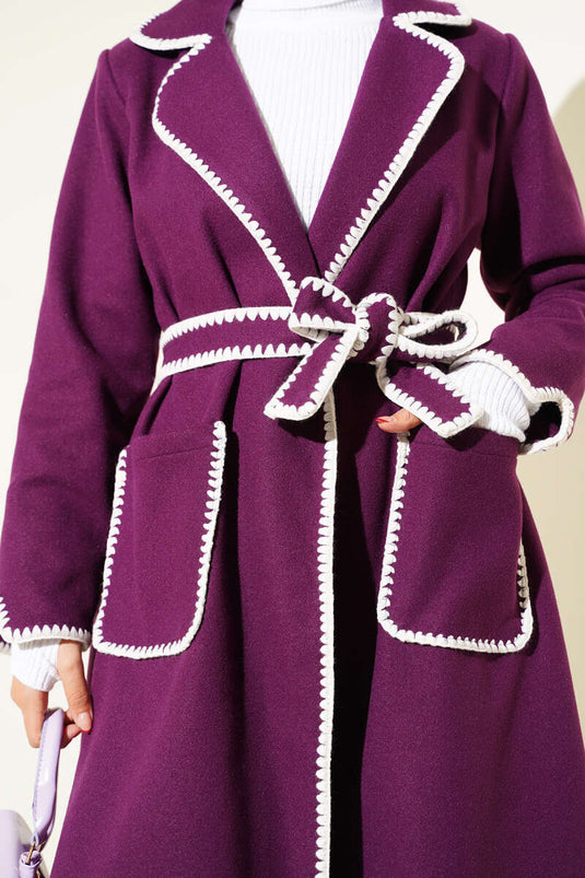 Seashell Stitch Belted Cashmere Coat, Plum