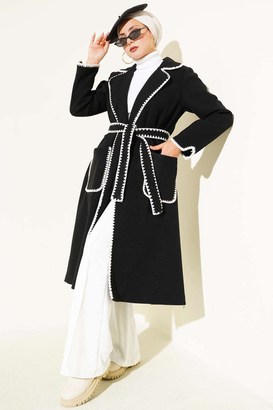 Black Cashmere Coat with Seashell Stitch and Belt