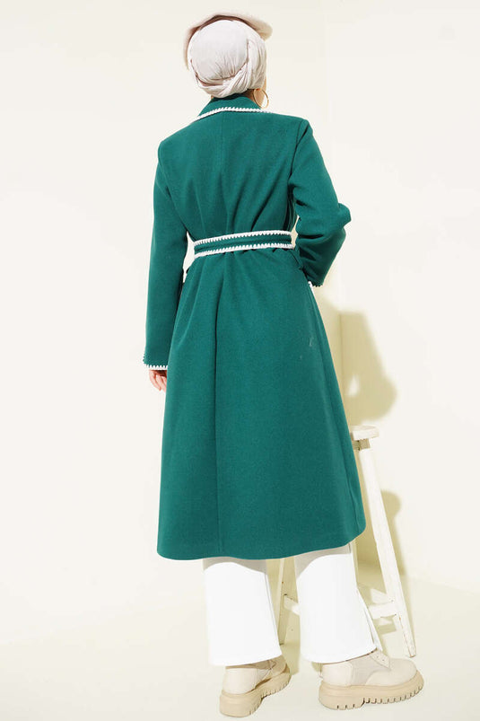 Midye Dikişli Kuşaklı Kaşe Kaban Zümrüt