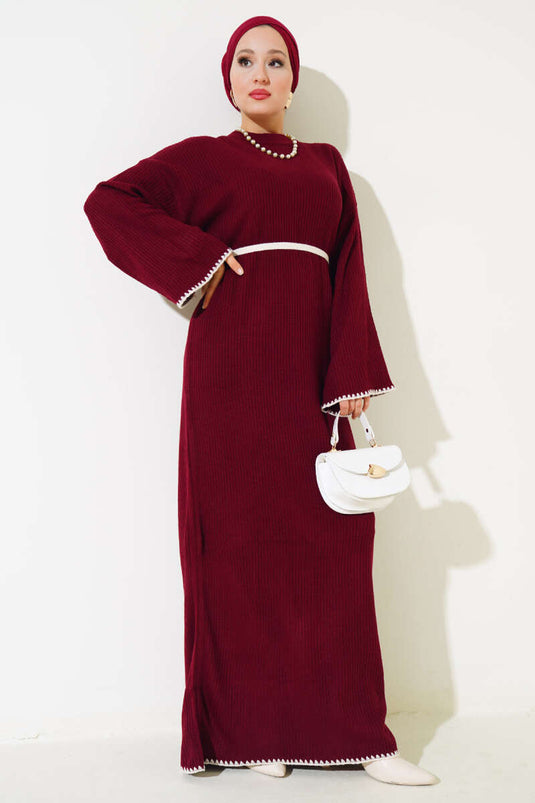 فستان محبوك بخياطة بلح البحر، لون عنابي