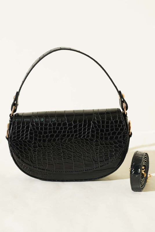 Sac à main ovale magnétique noir croco