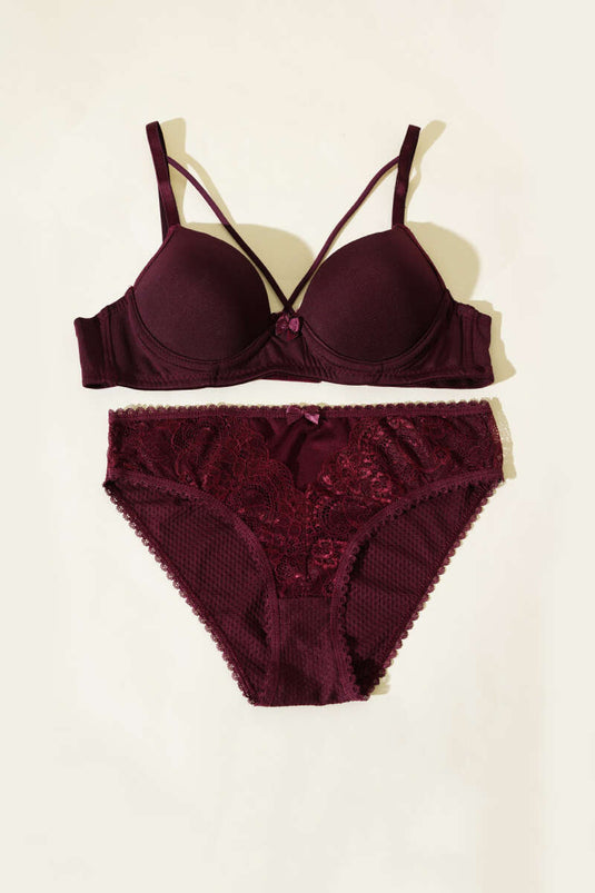 Micro Cross Strap Padded Bra Set Plum