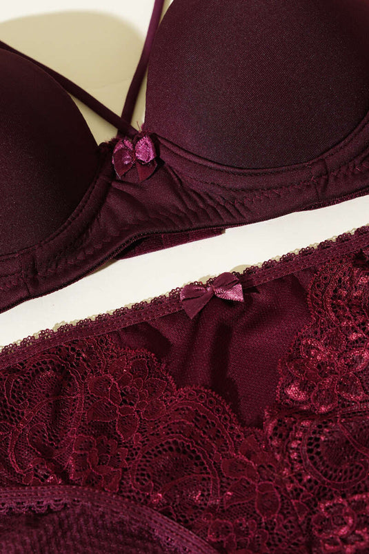 Micro Cross Strap Padded Bra Set Plum