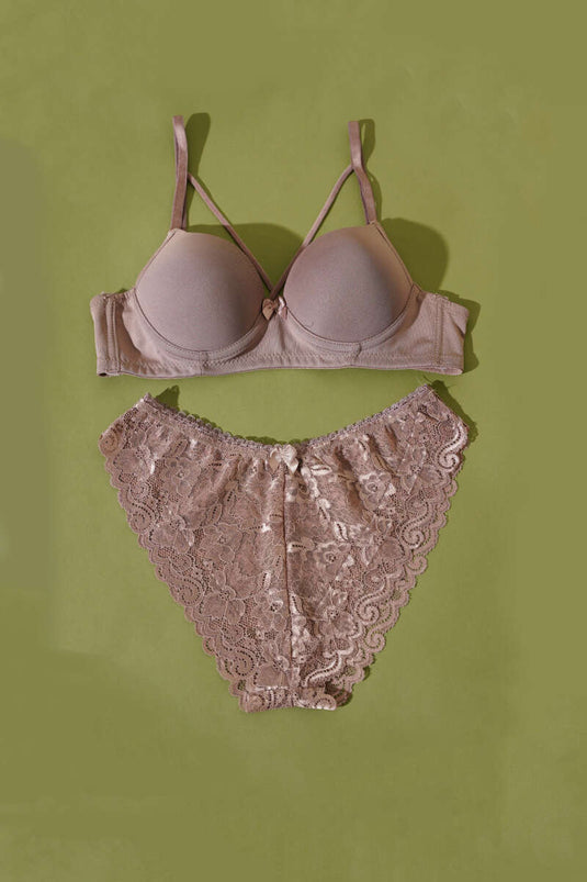 Micro Cross Strap Padded Bra Set Mink