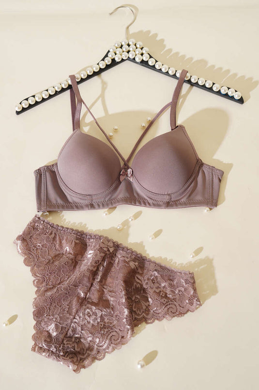 Mikro Çapraz İp Askılı Destekli Sütyen Takım Vizon