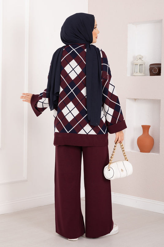 Milano Baklava Desen Tesettür Triko Takım Bordo