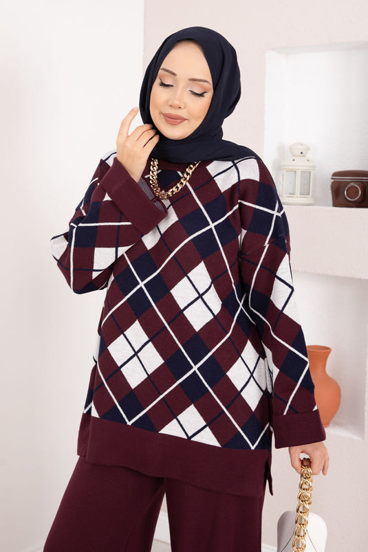 Milano Baklava Desen Tesettür Triko Takım Bordo
