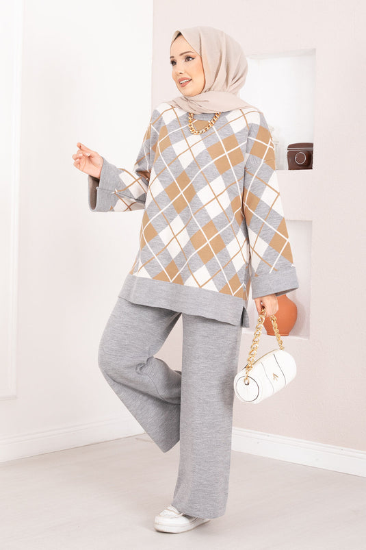 Milano Baklava Desen Tesettür Triko Takım Gri