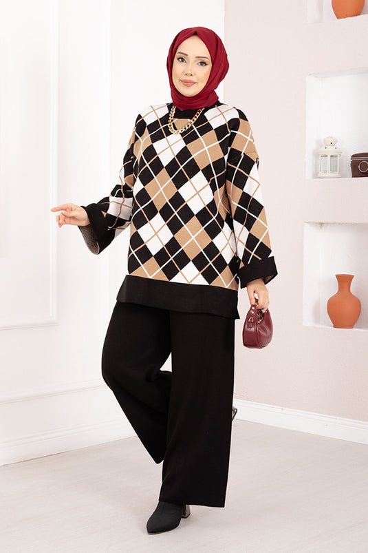 Milano Baklava Patroon Hijab Gebreide Set Zwart