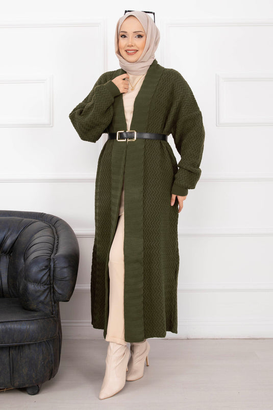 كارديجان مينا طويل محبوك بياقة شال، لون كاكي