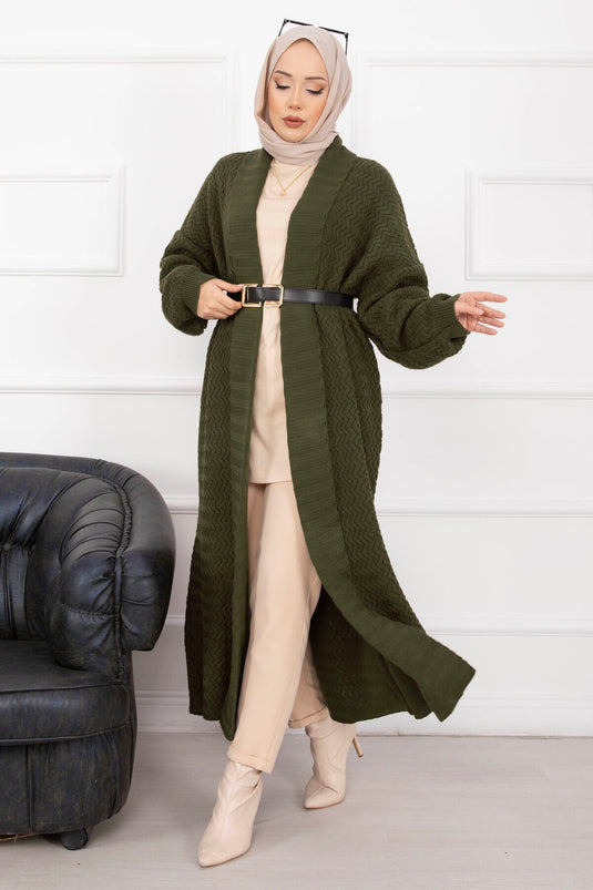 كارديجان مينا طويل محبوك بياقة شال، لون كاكي