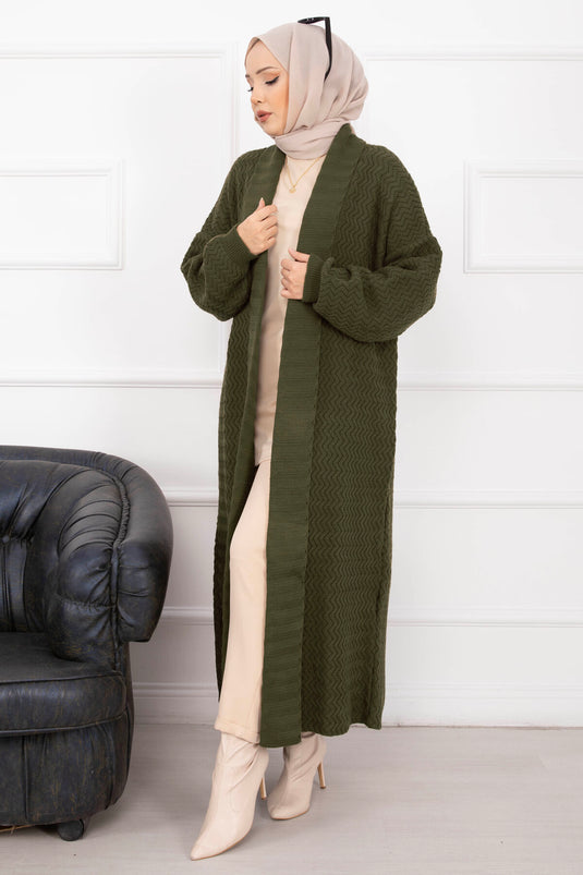 كارديجان مينا طويل محبوك بياقة شال، لون كاكي