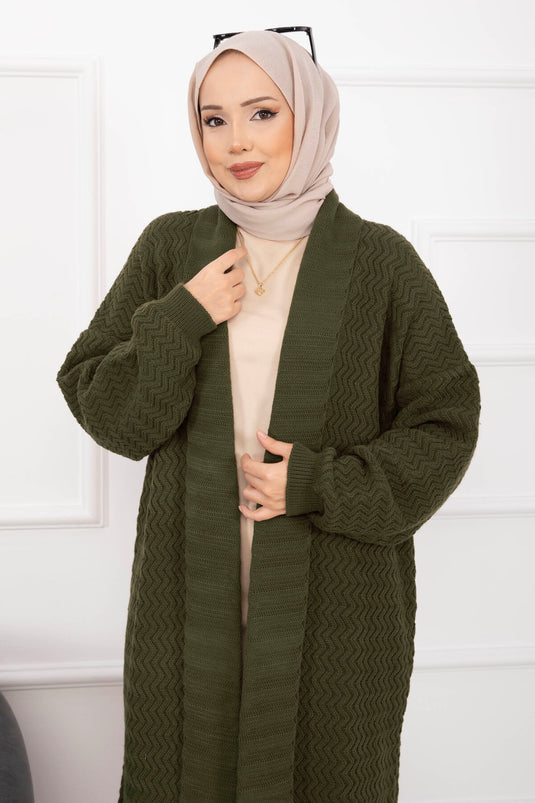 كارديجان مينا طويل محبوك بياقة شال، لون كاكي