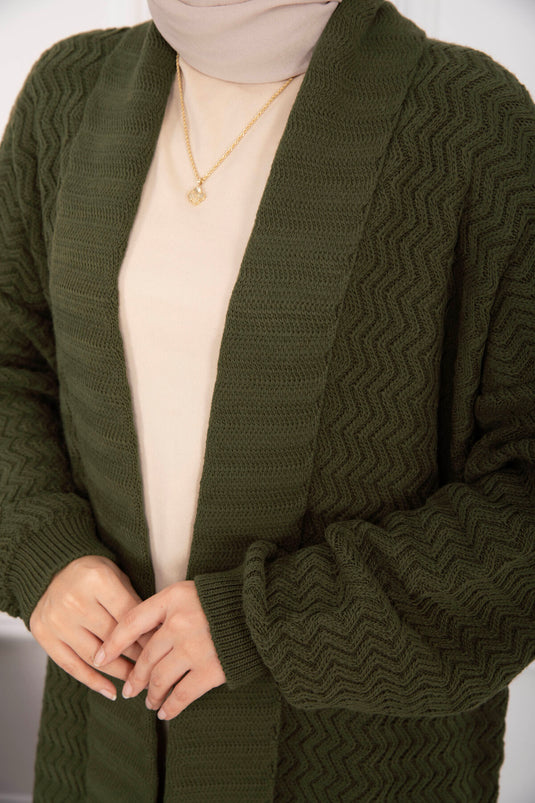 كارديجان مينا طويل محبوك بياقة شال، لون كاكي