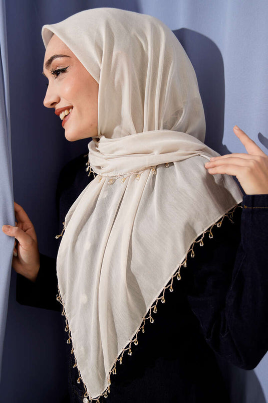 Mini Beaded Detail Scarf, Beige
