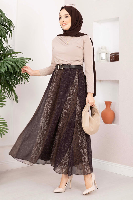 Mini Floral Pattern Belted Chiffon Skirt Coffee