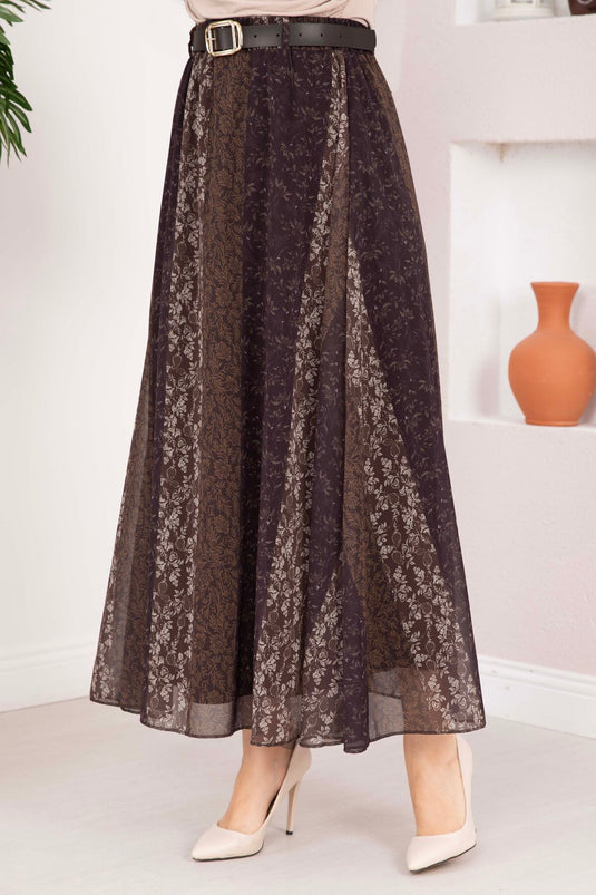 Mini Floral Pattern Belted Chiffon Skirt Coffee