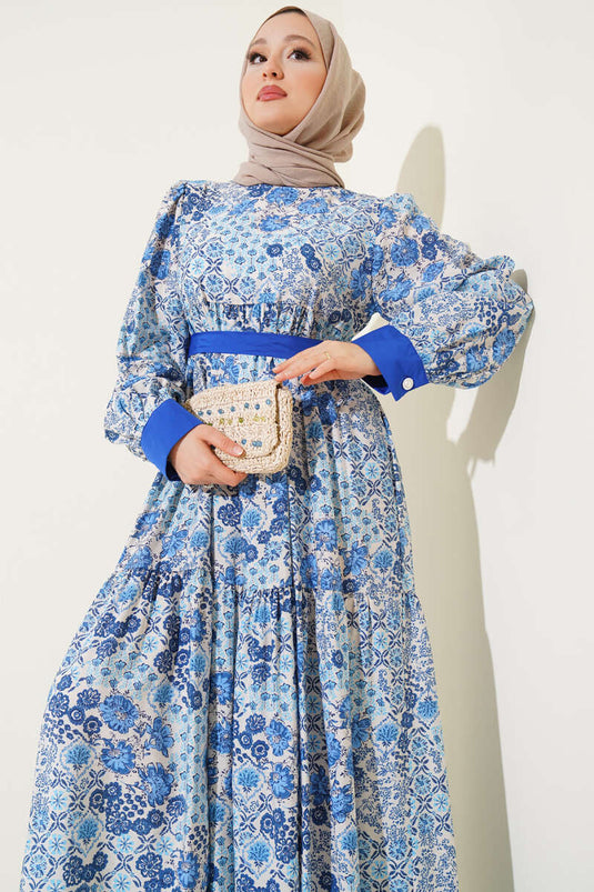 Mini Çiçek Desenli Elbise Saks