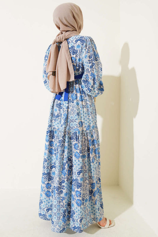 Mini Çiçek Desenli Elbise Saks