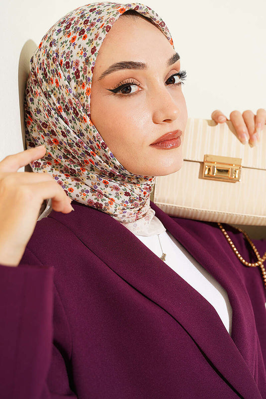 Mini Çiçek Detaylı Eşarp Bej