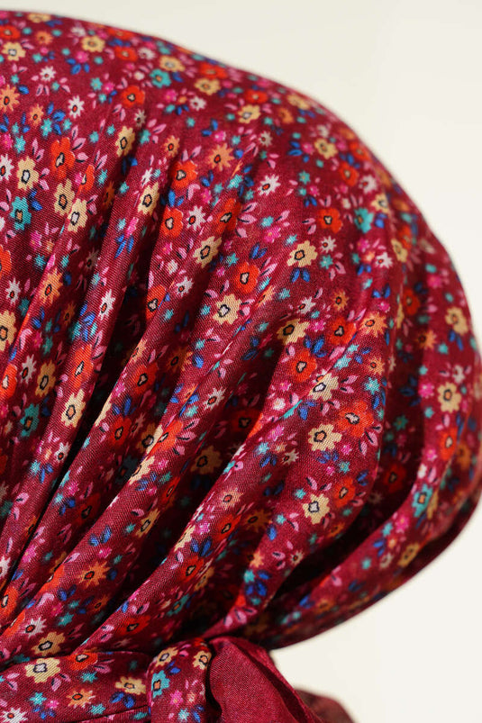 Mini Çiçek Detaylı Eşarp Bordo