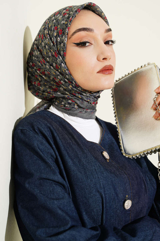 Mini Çiçek Detaylı Eşarp Gri