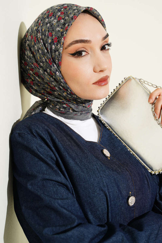 Mini Çiçek Detaylı Eşarp Gri
