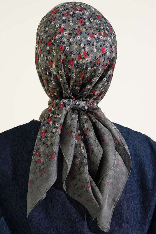 Mini Çiçek Detaylı Eşarp Gri