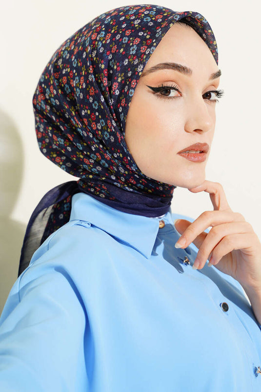 Mini Çiçek Detaylı Eşarp Lacivert