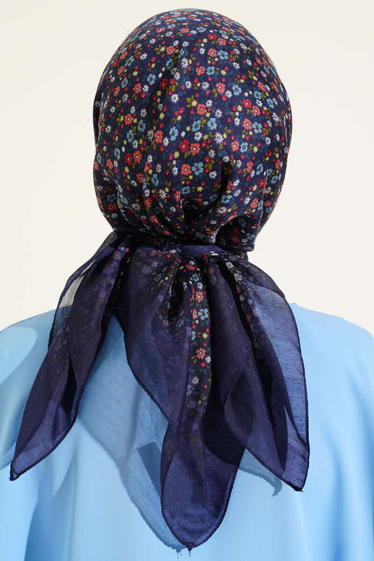 Mini Çiçek Detaylı Eşarp Lacivert